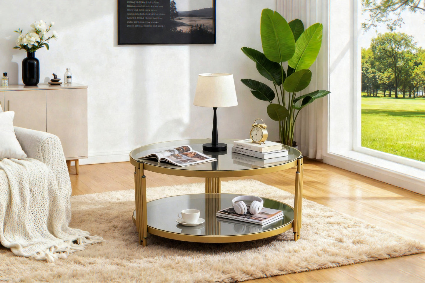 Round Coffee Table, Glass Surface Top & Sturdy Metal Legs Sofa Table for Living Room Modern Design Home Furniture