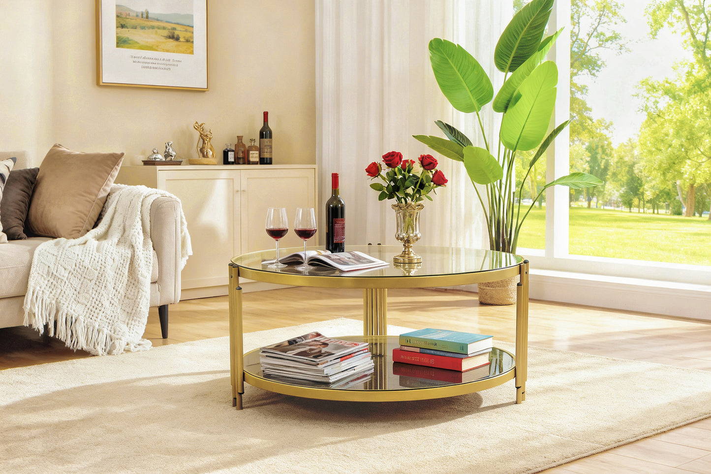 Round Coffee Table, Glass Surface Top & Sturdy Metal Legs Sofa Table for Living Room Modern Design Home Furniture