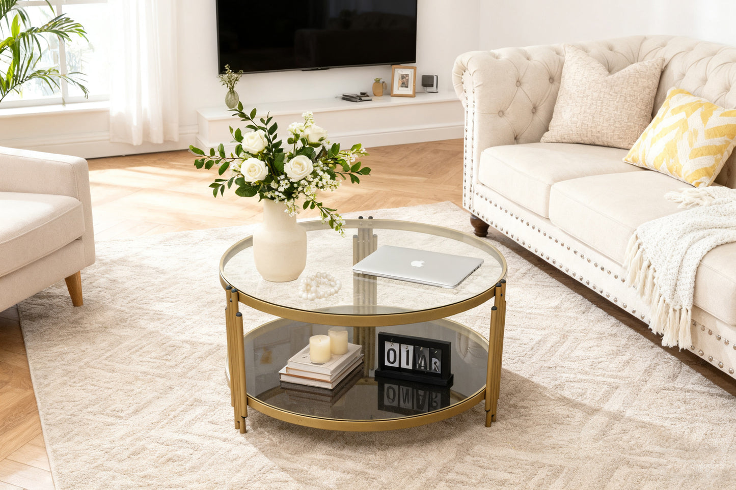 Round Coffee Table, Glass Surface Top & Sturdy Metal Legs Sofa Table for Living Room Modern Design Home Furniture