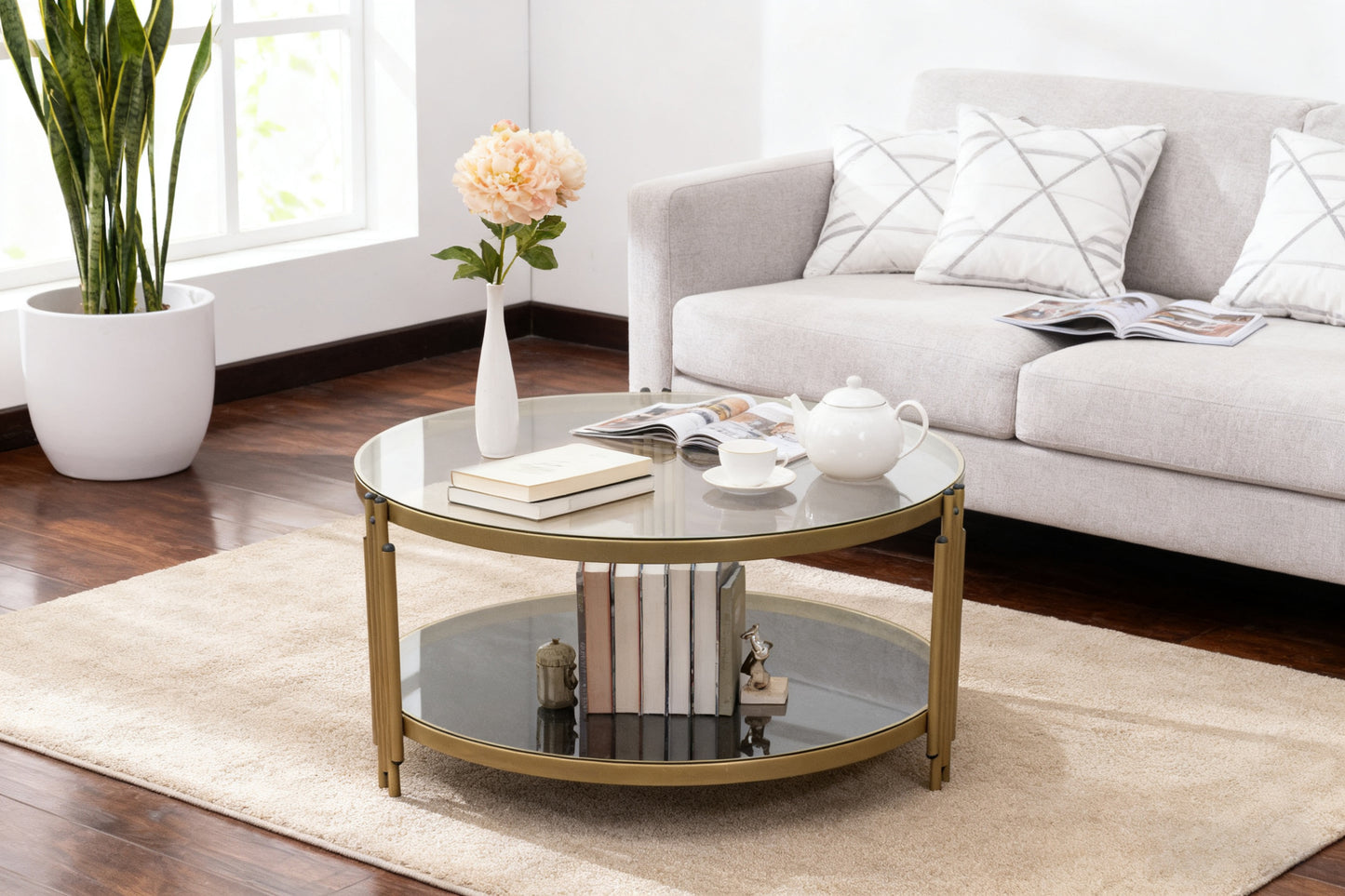 Round Coffee Table, Glass Surface Top & Sturdy Metal Legs Sofa Table for Living Room Modern Design Home Furniture