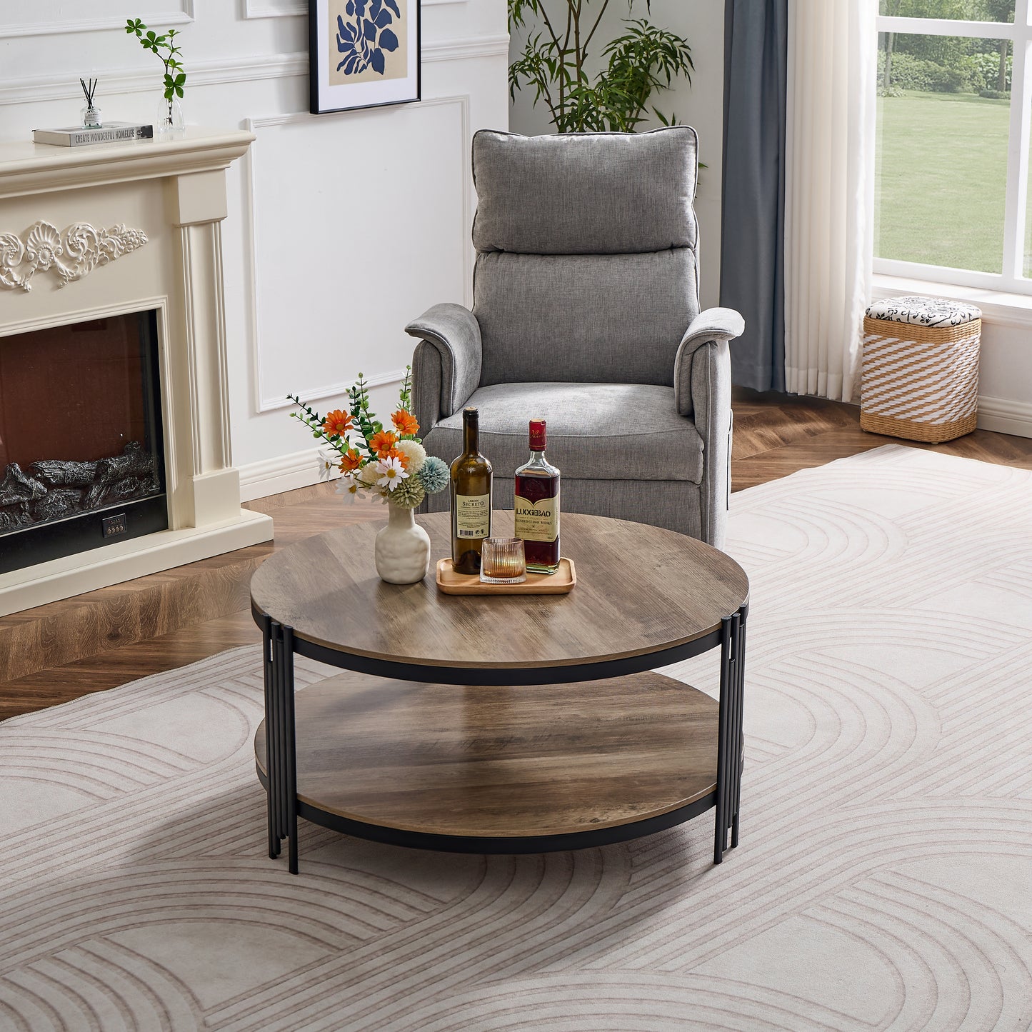 2-Tier End Table with Stable Metal Frame Round Side Coffee Table