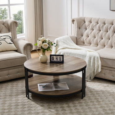 Industrial Round Side Table 2 Tier Small Sofa Couch with Storage Rack Snack Table Wood Look Metal Industrial Coffee Table