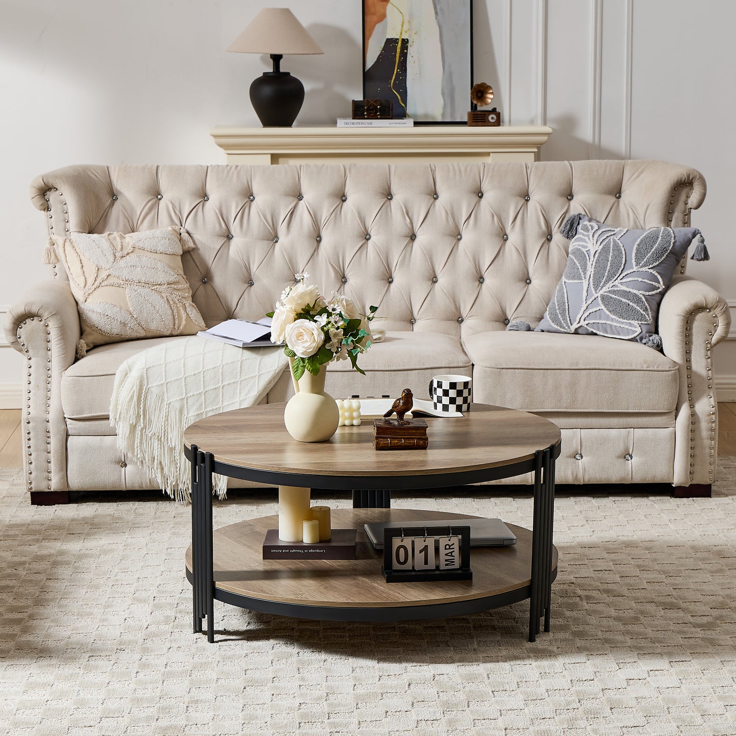 2-Tier End Table with Stable Metal Frame Round Side Coffee Table