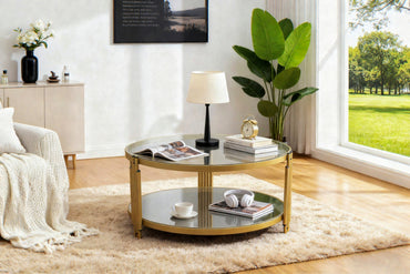 Round Coffee Table, Glass Surface Top & Sturdy Metal Legs Sofa Table for Living Room Modern Design Home Furniture