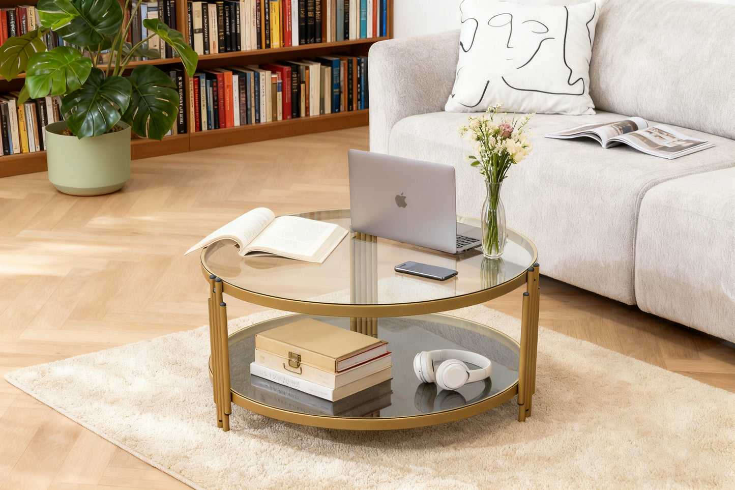 Round Coffee Table, Glass Surface Top & Sturdy Metal Legs Sofa Table for Living Room Modern Design Home Furniture
